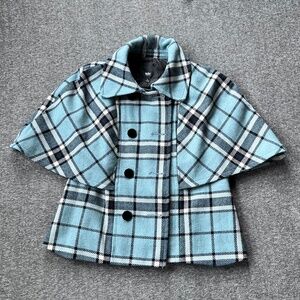 Mossimo Plaid Cape Style Sleeve Wool Blend Pea Coat Sz L Robin Blue
